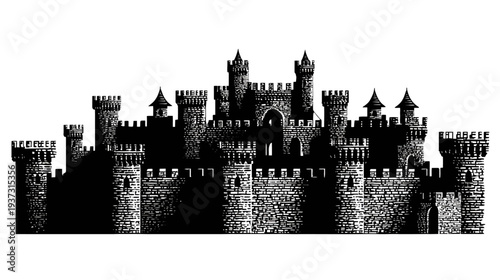 A regal, black and white depiction of a fortress, complete with towers, battlements, and arched doorways