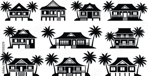 Tropical island houses with palm trees