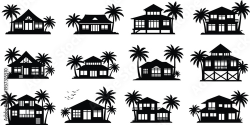 Tropical beach houses and palm trees silhouette collection