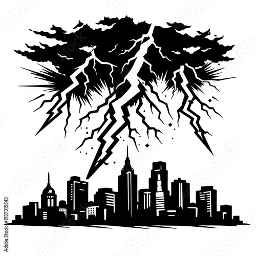 Cityscape with dramatic thunderstorm and lightning striking buildings downtown area