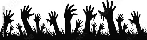 Creepy zombie hands rising from ground silhouette, spooky undead arms in grass isolated on white background Halloween illustration