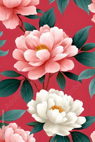 Pink and white peony flowers creating floral pattern