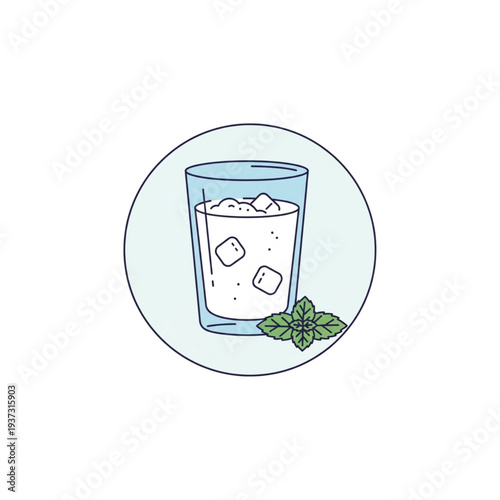 Refreshing Ayran drink with ice cubes and mint leaves in glass  