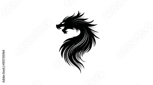 A fierce dragon's silhouette in black against a clean white background, detailed brushstrokes