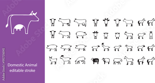 Domestic Animal editable stroke outline web icons set. Cow, goat, pig, hen, goose, horse, chicken, rooster and sheep. Vector illustration