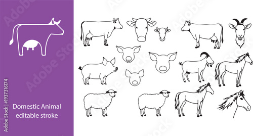 Domestic Animal editable stroke outline web icons set. Cow, goat, pig, hen, goose, horse, chicken, rooster and sheep. Vector illustration