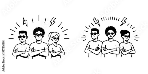 Hand-drawn illustration of a diverse group of people wearing sunglasses with crossed arms and lightning bolts symbolizing anger conflict or strong attitude
