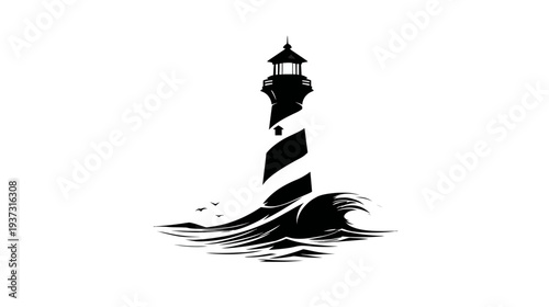 A black and white illustration of a lighthouse with a swirling tower rising from the waves