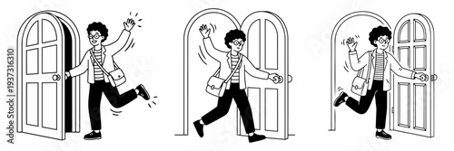Dynamic black and white line art illustration of a person rushing through a doorway symbolizing urgency arrival or a busy schedule