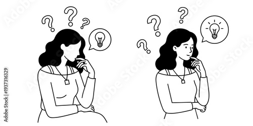 Minimalist line art illustration of a thoughtful woman with question marks and a lightbulb idea symbolizing problem solving creative thinking and the moment of insight