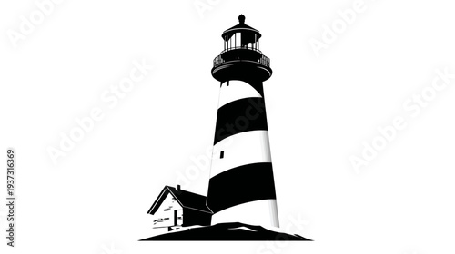 A tall, black and white striped coastal structure with small attached building