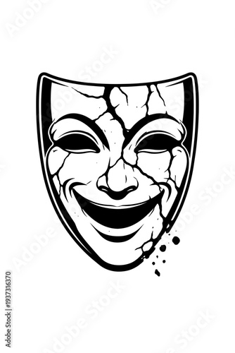 Black and white illustration of a comedy tragedy mask with cracked and broken design elements, symbolizing the duality of human emotions in a simple yet striking visual representation.