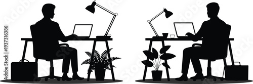 Two professionals working on laptops at office desks with lamps and plants, remote work productivity concept silhouette vector illustration