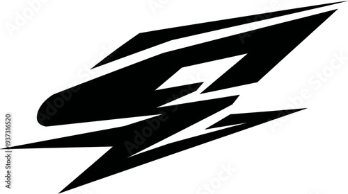 A dynamic abstract symbol featuring bold black angular shapes on a clean white background