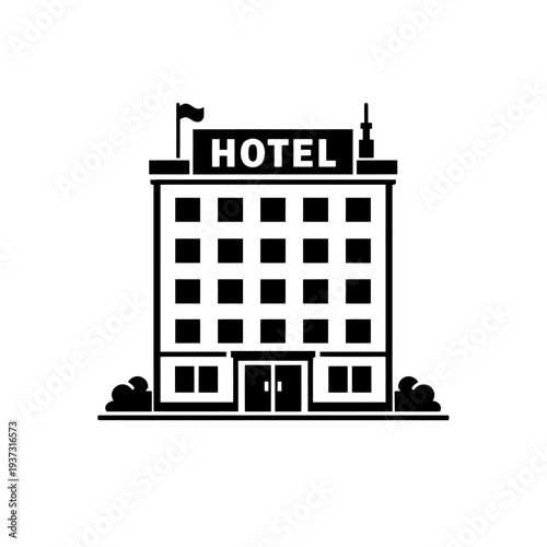 Classic black and white hotel building icon vector. Represents accommodation, lodging, and hospitality services. Ideal for web design, mobile apps, travel booking platforms, and digital media projects