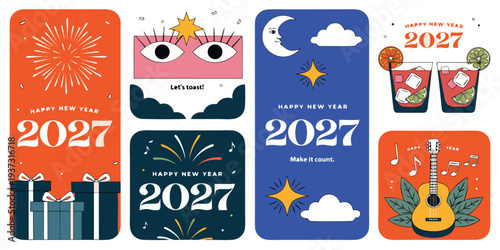 Happy New Year 2027 – Festive Card Collection with Fireworks, Cocktails, Music & Vibrant Holiday Illustrations for Parties, Invitations, Posters, and Seasonal Celebrations
