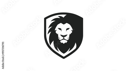 A stylized black and white illustration of a lion's head inside a shield