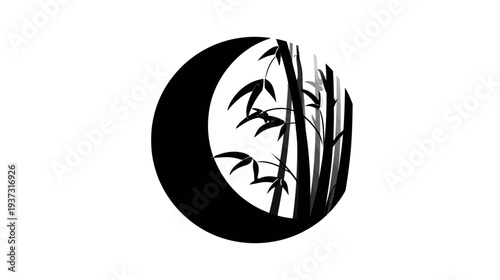 A black and white illustration of bamboo stalks inside of a crescent moon shape