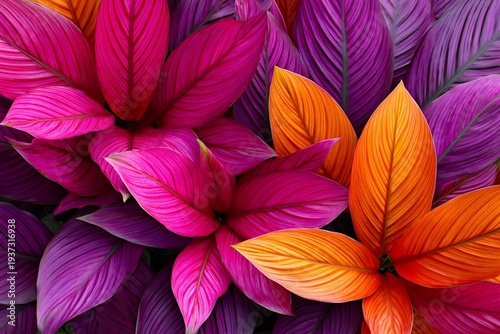 Colorful tropical leaves creating vibrant abstract nature background
