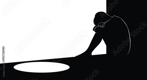 Depressed Person Silhouette Crying in Dark Corner, Mental Health, Loneliness, Light and Shadow Contrast, Sadness, Despair, Vector Graphic.