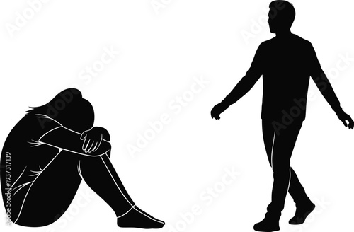 Depression and Loneliness Silhouette, Man Walking Away from Crying Woman, Emotional Distance, Relationship Conflict, Vector Graphic.