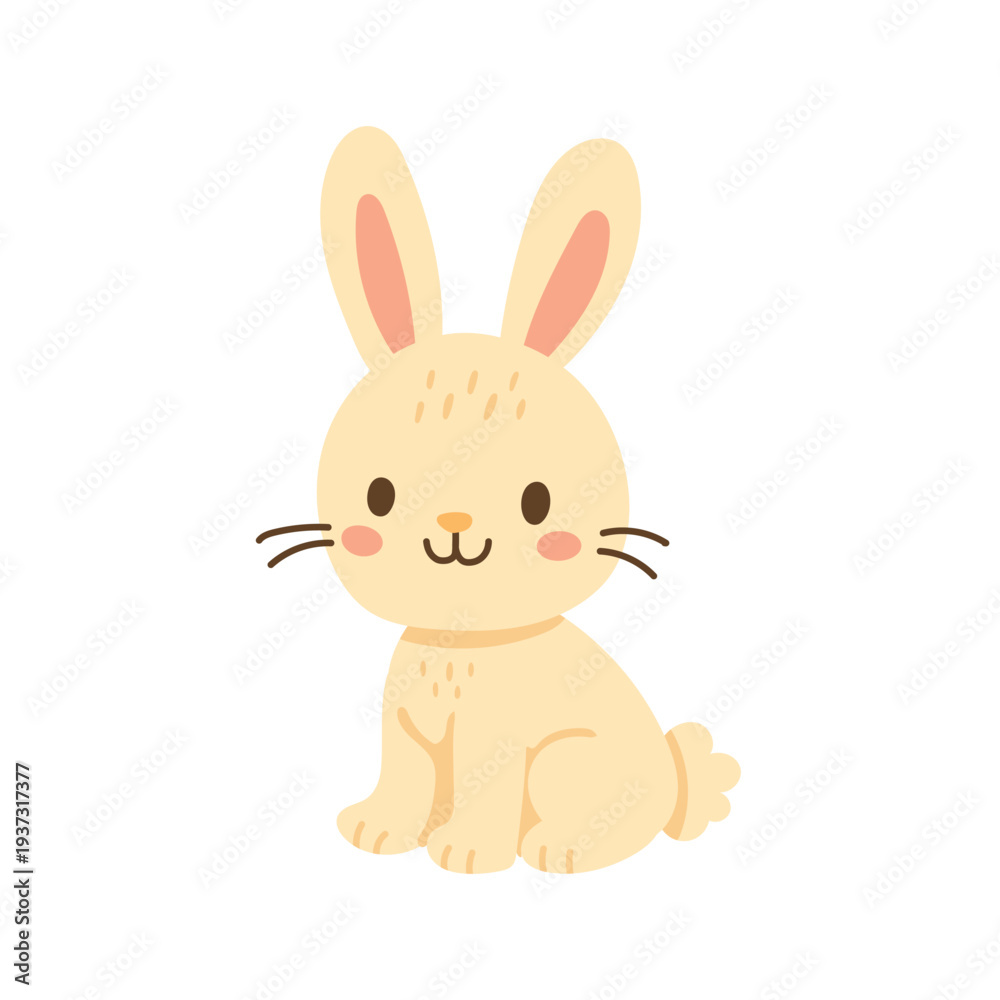 Obraz premium Sweet bunny rabbit cartoon with long ears and soft pastel tones, cute animal illustration for Easter cards, spring nursery decor and children themed designs.