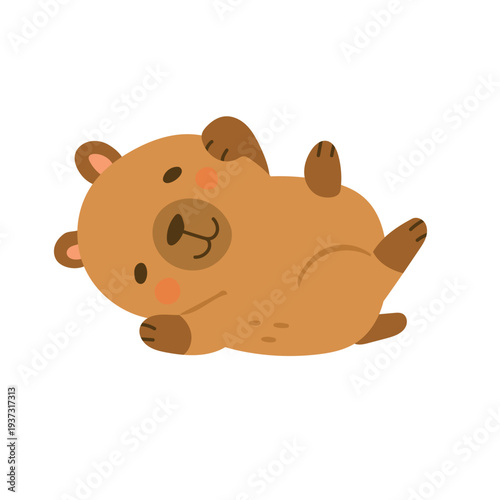 Adorable cartoon capybara lying on its back, playful flat illustration ideal for kids products, nursery art, animal characters and cheerful children storytelling visuals.
