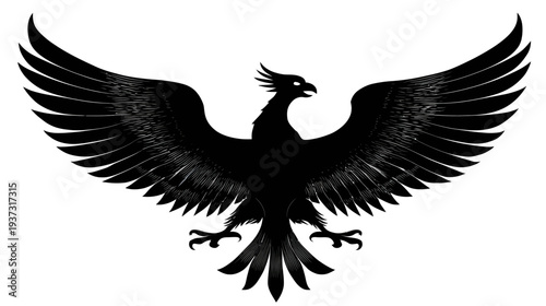 A stylized black bird of prey with wings spread, featuring detailed feather textures, against a white background