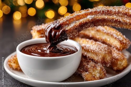 A close-up shot of delicious churros being dipped into a bowl of rich, dark chocolate sauce, with a festive, warm-toned bokeh background for added sweetness.