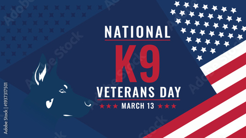 National K9 Veterans Day March 13 Tribute Featuring Military Working Dog Silhouette and American Flag Stars for Patriotic Service Honor