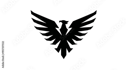 A stylized black bird of prey silhouette with outstretched wings, symmetrical