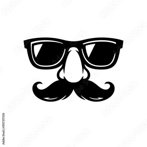 Iconic black silhouette of a humorous disguise featuring stylish retro sunglasses, a prominent comedic nose, and a classic curly mustache, perfect for parties, retro themes, playful costume events, an