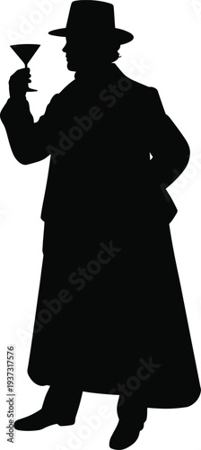 Detective silhouette with martini glass, mysterious man in hat and trench coat isolated on white background vector illustration
