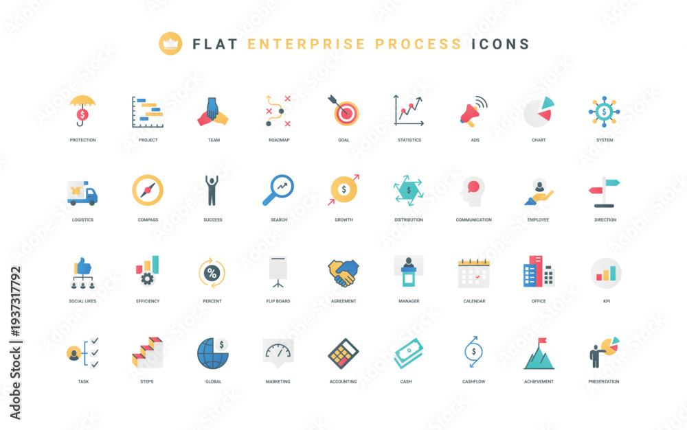 Fototapeta premium Process of enterprise, efficiency of management and communication in corporate company color icon set. Accounting, steps to solve tasks, direction for growth flat elements vector illustration