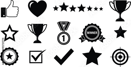 Collection of black icons for ratings awards and approval