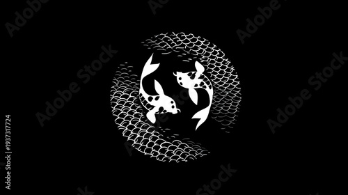 Black background with two koi fish and scales forming a circle. Fish are white with black spots
