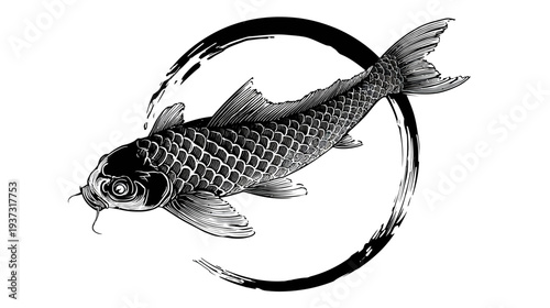 A black and white illustration of a fish encircled by a brushstroke