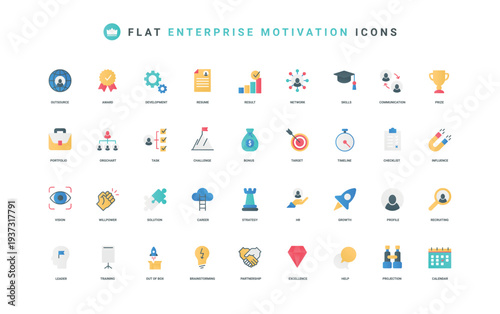Business motivation for development, growth of corporate company and enterprise color icon set. Recruitment strategy, partnership, incentive and bonus for employee flat elements vector illustration