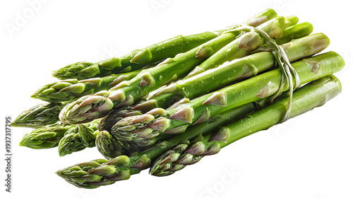 Ultra realistic HD asparagus still life fresh spears arranged, isolated on white background