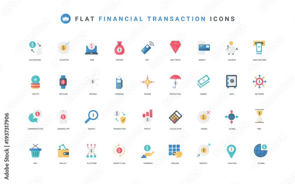 Fototapeta premium Financial transaction in mobile banking app, accounting and NFC, deposit savings protection color icon set. Accepted payment and denied, money flow and profit growth flat elements vector illustration