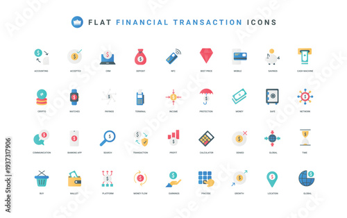 Financial transaction in mobile banking app, accounting and NFC, deposit savings protection color icon set. Accepted payment and denied, money flow and profit growth flat elements vector illustration