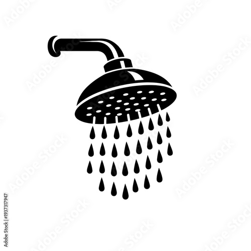 Black silhouette icon of a shower head with numerous water droplets falling from its nozzles, illustrating water flow for hygiene and personal care in a modern bathroom setting, perfect for plumbing,