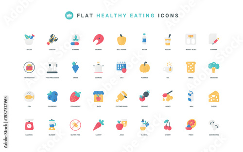 Healthy food menu, nutrition planner of nutritionist for weight loss color icon set. Diet with no fastfood and gluten, fruit and vegetable, meal collection of flat elements vector illustration