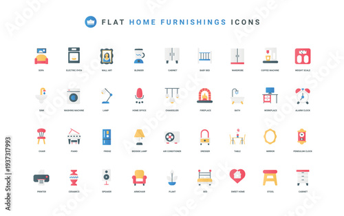 Furniture and electrical appliances for comfort in home color icon set. Sofa and chair, wardrobe and mirror, bed and desk for bedroom living room kitchen bathroom flat elements vector illustration