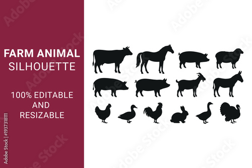 Different types of Farm Animal Silhouette set with Livestock Set with Cattle, Horse, Pig, Goat, and Poultry for Agricultural Branding