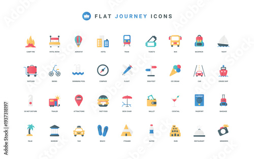 Travel and journey, tourism activity and summer adventure of tourist, camping color icon set. Photography of ancient ruins and transport for cruise, backpack flat elements vector illustration