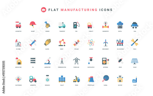 Manufacture, warehouse, science research for industry color icon set. Tractor, transportation and agricultural machines, water supply and oil platform, factory flat elements vector illustration