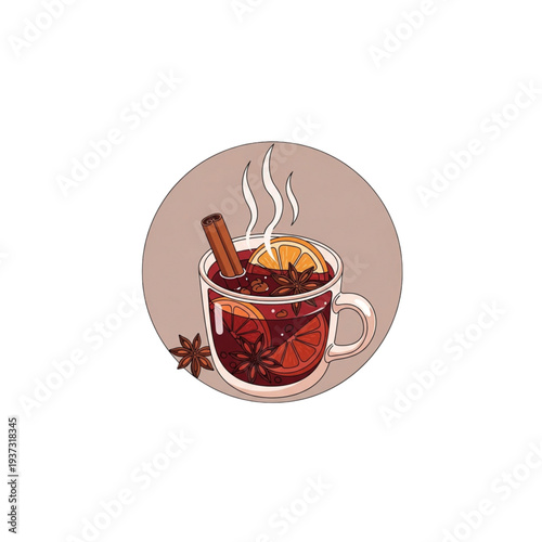 Warm spiced mulled wine with cinnamon and orange slice in mug  