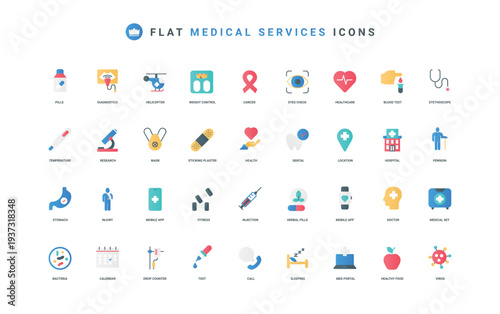 Medical service, emergency first aid, laboratory diagnostics of patient in hospital color icon set. Doctor and stethoscope, pharmacy treatment and pills, health check flat elements vector illustration