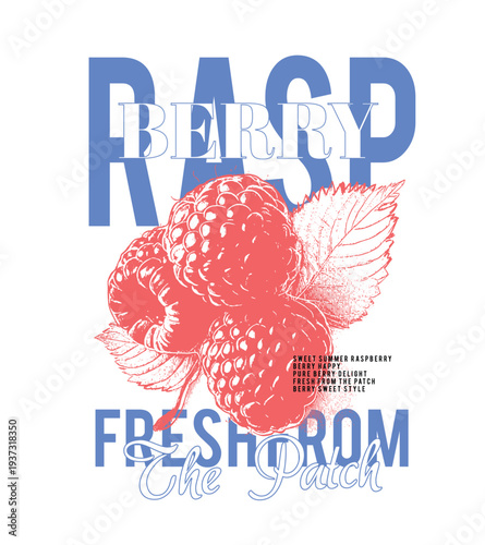 Raspberry Fruit Tee T-shirt design in vector graphic. vintage fruit print design. RaspBerry Typography with hand drawing berry illustartion.